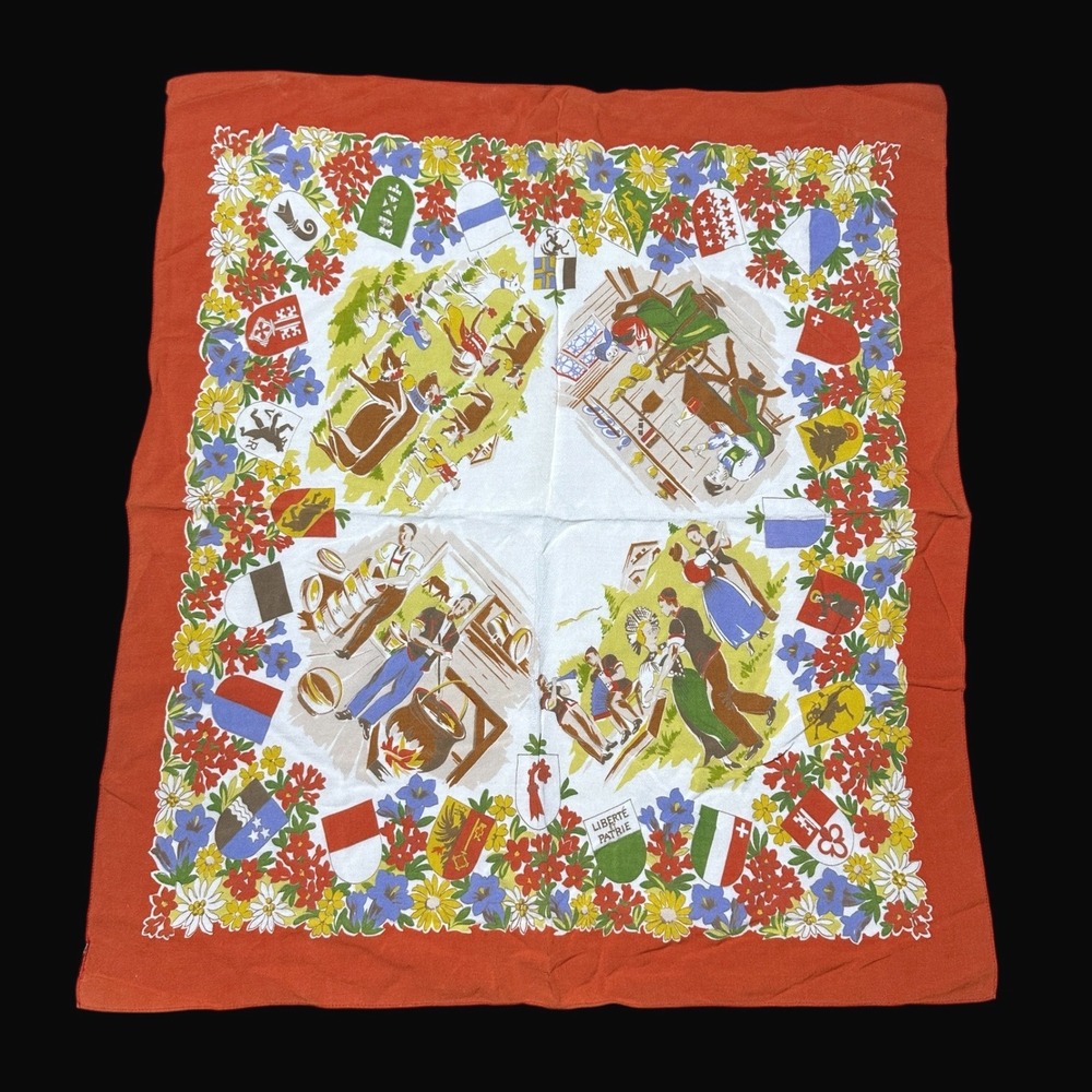 Vintage Swiss Folk Art Souvenir Scarf Red Floral Canton Crests 22x24